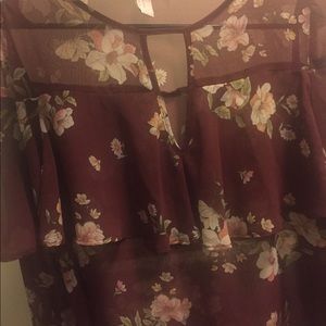 Transparent long sleeve wine flower print blouse